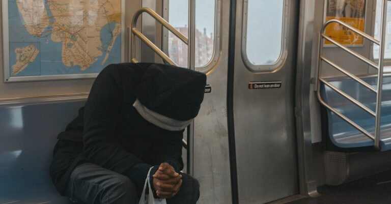 A lone passenger sitting in a New York City subway train, evokes feelings of solitude and reflection.