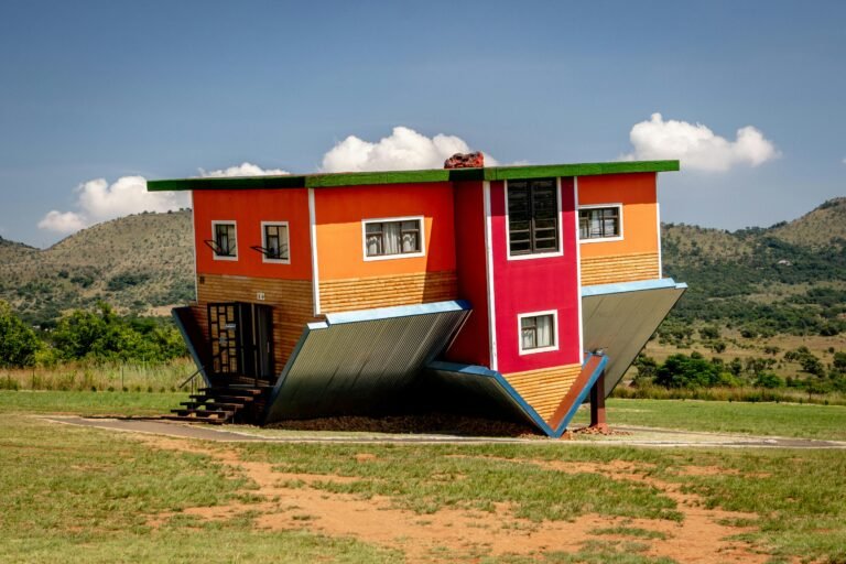 Vibrant upside down house in rural Hartbeespoort, South Africa, architectural marvel.