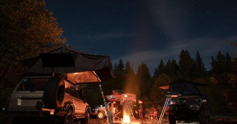 Camping scene with cars and tents under a starry night sky, featuring a cozy bonfire in the forest.