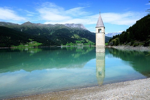 reschensee, tower, church, etsch, lake, italy, mountains, water, viewpoint, idyllic, romantic, evening atmosphere, outlook, clouds, foresight, heaven, summer, rock, coast, idyll, vacations, trees, mystical, path, alps, vacation, riverbank, beach, sand, meditation, mood, happiness, hike, route, tourism, tyrol, austria, trail, landscape, nature, panorama, road, blue sky, alone, mountain world, rise, religion, god, faith, holy, expanse, easter, party, celebration, fixed, pentecost, hobby, creative, love