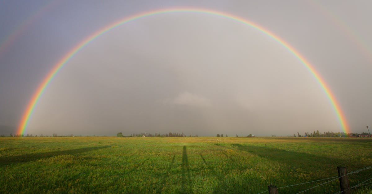 A full rainbow arches over a serene farmland landscape, capturing natural beauty.