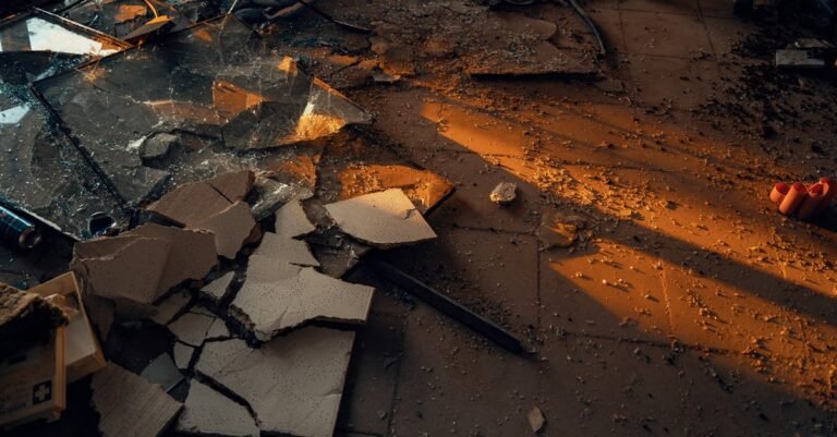 A dramatic scene of shattered glass and debris in warm lighting, symbolizing urban decay.