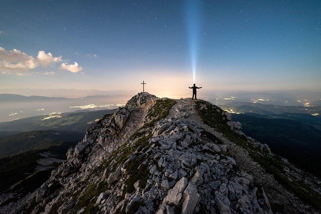 mountains, man, cross, stars, starry sky, universe, night sky, sky, galaxy, astronomy, space, science, shooting star, nature, evening, milky way, flashlight, headlamp, summit, long exposure