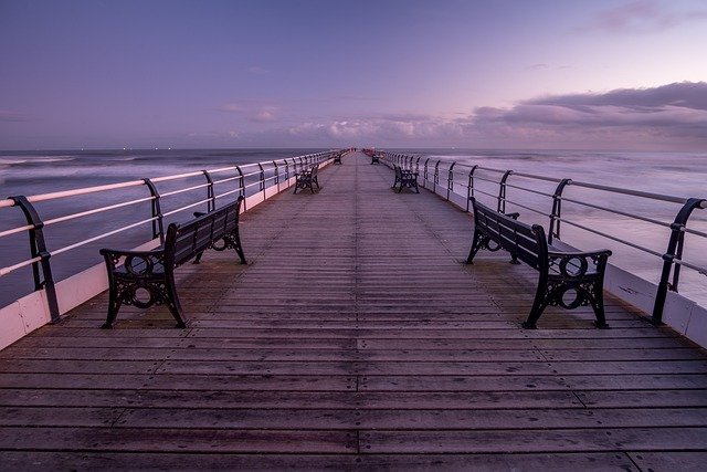 saltburn pier, pier, yorkshire, saltburn, seaside, coast, seascape, nature, structure, england, bench, sunrise, waves, horizon, ocean