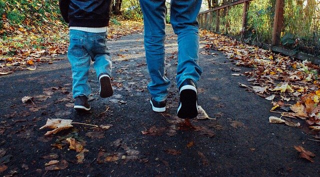dad, son, walking, family, father, nature, child, happy, father and son, father and child, kid, man, love, family outdoors, autumn, fall, leaves, season, jeans, shoes, jacket, outdoors, grass, trees, path, pathway, fathers day
